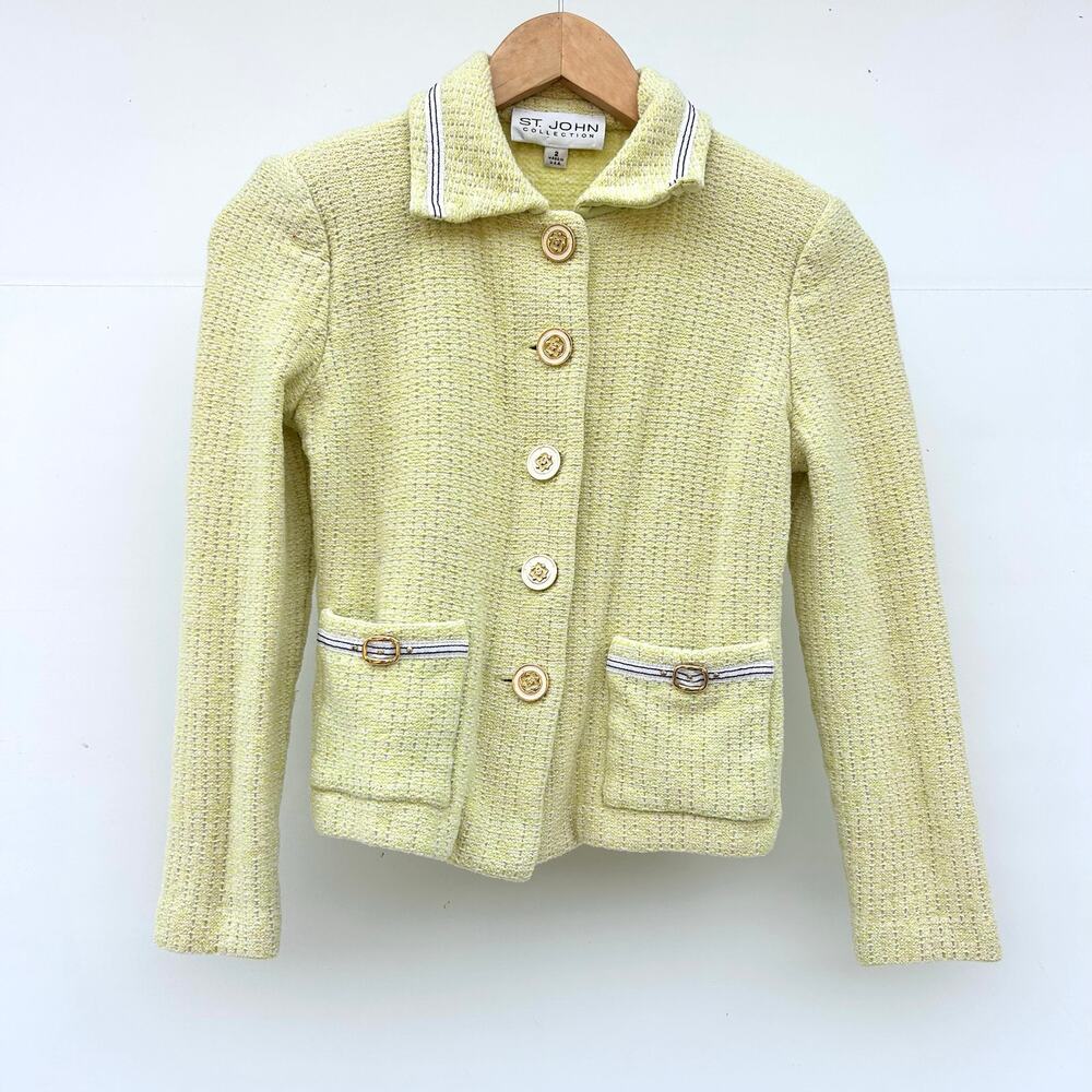 Vintage St. John Tweed Jacket Cardigan Yellow 2 Small Cropped Blazer Luxury - Picture 3 of 11
